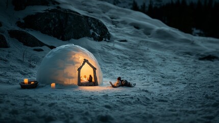 Cozy Igloo in Snowy Landscape with Warm Candle Light