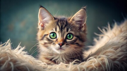 Fototapeta premium Close-up Portrait of a Curious Kitten with Big Green Eyes, Captured in a Soft Light, Perfect for Animal Lovers and Pet Enthusiasts, Showcasing the Playful Expression and Fluffy Fur