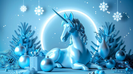Elegant blue unicorn surrounded by Christmas decorations, including baubles, pine branches, and glowing lights, set against a blue, festive background.  
