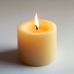 Burning Candle, Minimalist, Warm Light, Cream Wax, White Background