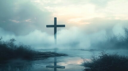 Misty Serenity with a Silhouette of a Cross symbolizing Faith and Hope in the Divine Landscape