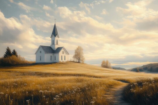Serene church on a grassy hill in Iceland during golden hour light with fluffy clouds