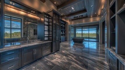 A luxurious bathroom setup featuring a dual sink vanity, stylish glass shower, and stone tile walls for a contemporary vibe.