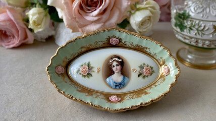 Exquisite Antique Porcelain Trinket Dish - A Portrait of Elegance with Hand -Painted Floral Adornments and Gilded Accents
