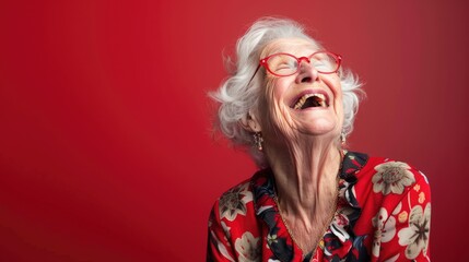 a beautiful old woman laughing on a plain red background, fashion