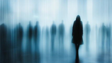 Fototapeta premium A person is walking in the rain with a group of people behind them