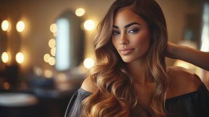 Fototapeta premium Young African Woman Getting Hairstyle at a Cozy Beauty Salon with Hairdresser in Warm Lighting