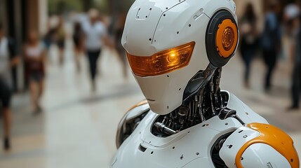 Futuristic robot amidst blurred city crowd.