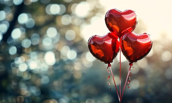 Valentine's Day red celebration heart shaped balloons isolated blurred outdoor light background. Celebration video background.
