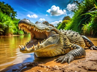 Obraz premium Saltwater Crocodile Sunbathing, Wide Open Mouth, Australian Wildlife, Reptile Photography, Dangerous Animal, Nature Landscape