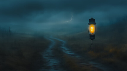 A lantern is lit in a dark field