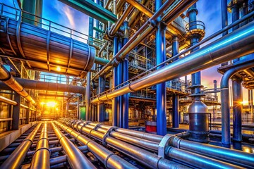 Fototapeta premium Close-Up View of Ammonia and Petroleum Plant Pipeline and Pipe Rack with High Depth of Field, Highlighting Chemical Processes and Infrastructure in Industrial Settings