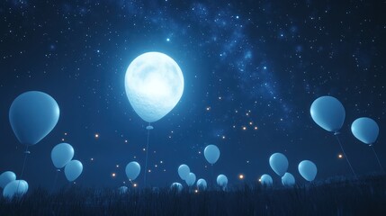 White balloons floating under starry night sky and moon.