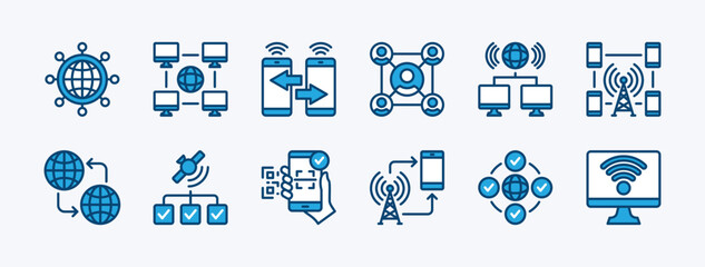 Set of connect, connection icon. Containing network, connectivity, share, computer device technology, interconnect, internet, sync, wireless, scan barcode, people, system. Vector illustration