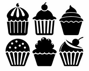 Set of black cupcakes icon, Collection of cupcake silhouette vector