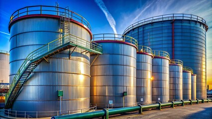 Close-Up View of Large Industrial Oil Storage Tanks Against a Clear Blue Sky Highlighting Modern Infrastructure and Energy Storage Solutions in an Urban Environment
