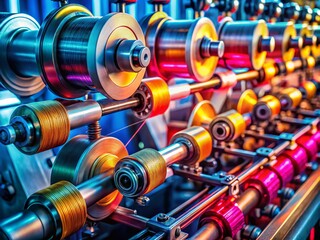 Close-up View of Precision Machinery in High-Speed Thread Manufacturing with Dynamic Lighting Showcasing the Intricacies of Industrial Processes and Technology