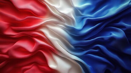 Obraz premium Wavy Silk Fabric Background in French Flag Colors with Elegant Movement and Soft Lighting