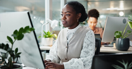 Research, computer and reading with business woman in office for planning, website and email....