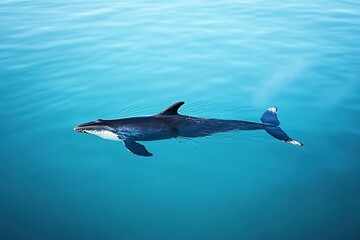 Fototapeta premium solitary endangered whale swimming in deep blue ocean whale is captured in clear focus while background gently fades