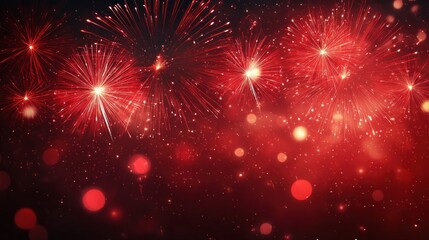 Fototapeta premium Red Fireworks Display Abstract Background for New Year Celebration with Bokeh Effects