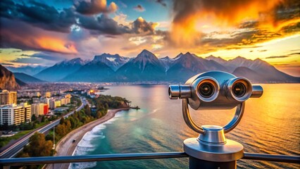 Naklejka premium Coin Operated Binoculars on an Observation Deck in Antalya at Sunset, Overlooking the Mountains and Seashore with Blurry Background Views of the City and Beach in Winter