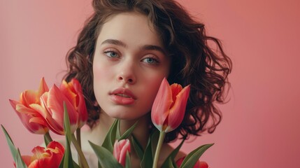 Fototapeta premium a beautiful woman with bunch of tulips on a pink background