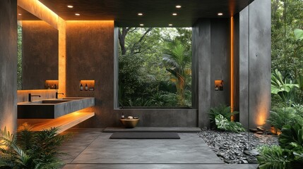 Naklejka premium A modern, serene bathroom with natural elements and lush greenery visible through large windows.