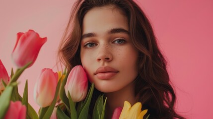 Fototapeta premium a beautiful woman with bunch of tulips on a pink background