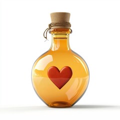 3D Cartoon-Style Amber Glass Bottle with Heart-Shaped Message of Love on White Background