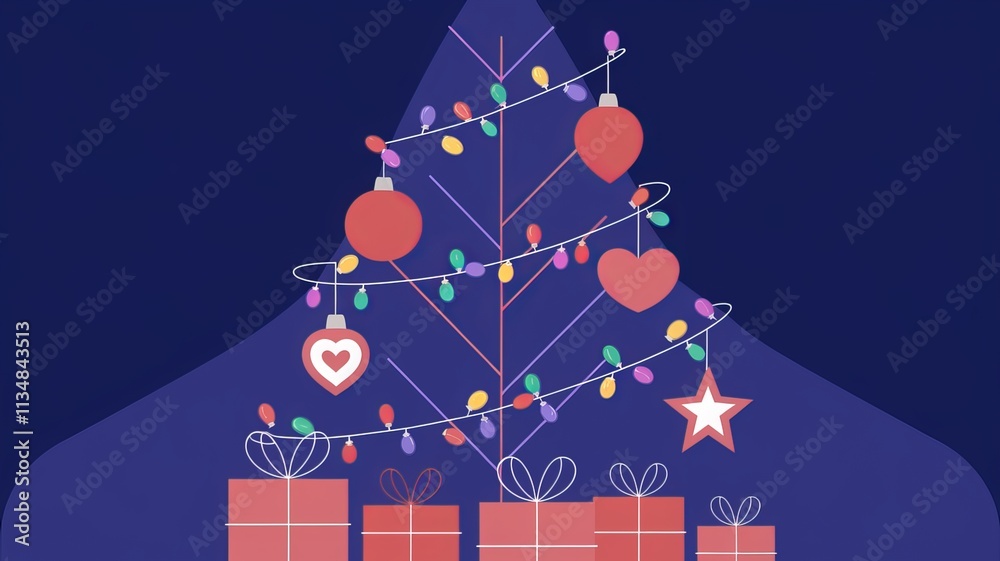 Fototapete christmas lights on a string with a christmas tree and a blue background using ai generated
