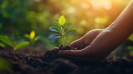 Hand holding a small plant sprout growing in soil