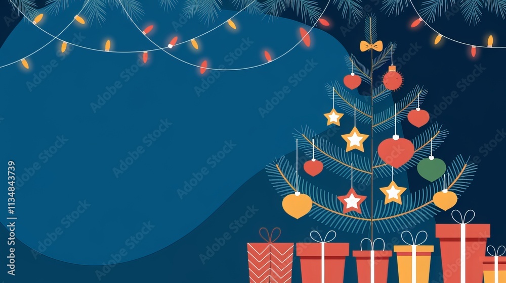 Fototapete christmas lights on a string with a christmas tree and a blue background using ai generated