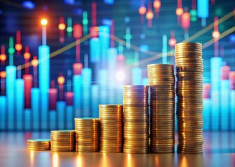 Colorful 3D-Rendered Financial Graph with Coins and Bars Representing Diverse Data Types for Financial Analysis and Visualization