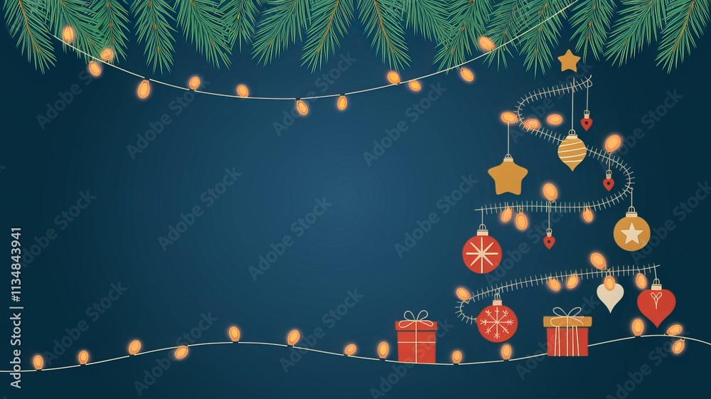 Fototapete christmas lights on a string with a christmas tree and a blue background using ai generated