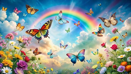 Colorful Aerial Photography of Butterflies and Flowers on a Pastel Rainbow Background Capturing Nature's Beauty in a Vivid Dreamlike Scene Ideal for Decor and Design Projects