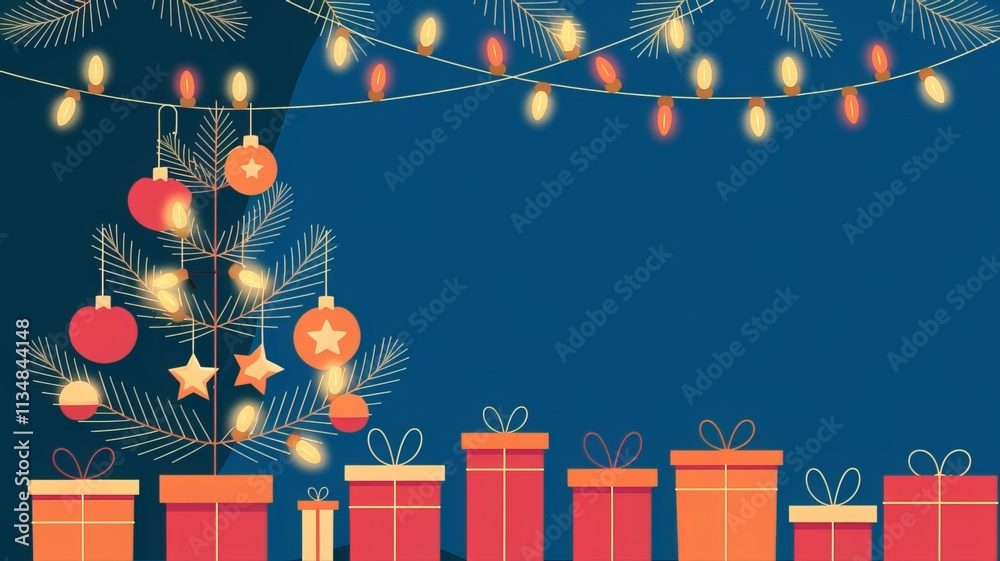 Fototapete christmas lights on a string with a christmas tree and a blue background using ai generated