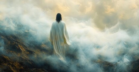 Obraz premium Jesus Praying in the Garden of Gethsemane Before His Crucifixion in a Misty Landscape