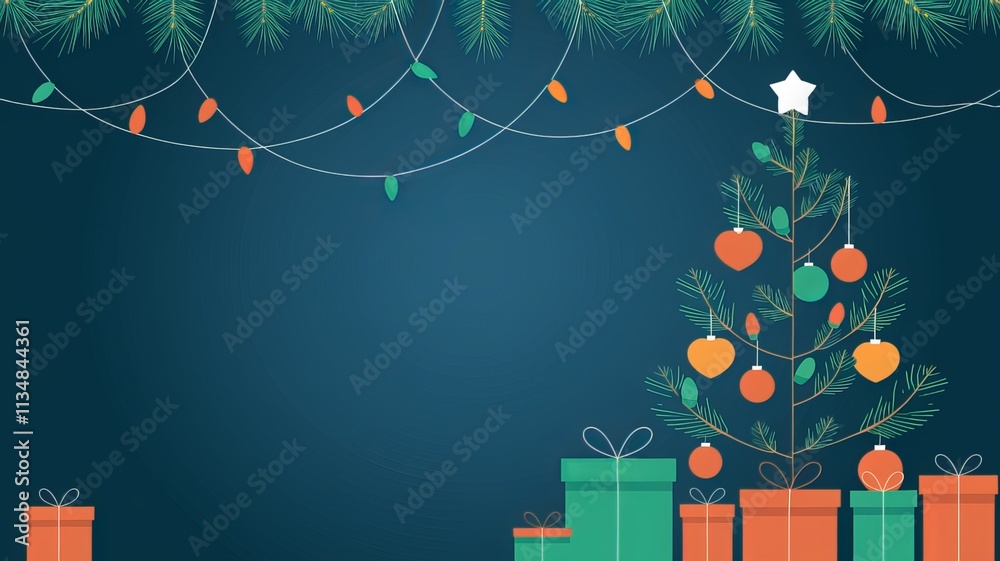 Fototapete christmas lights on a string with a christmas tree and a blue background using ai generated