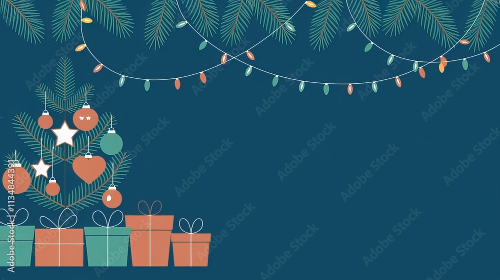 Fototapete christmas lights on a string with a christmas tree and a blue background using ai generated