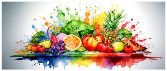 K&uuml;chenbild Obst und Gem&uuml;se Wasserfarben	