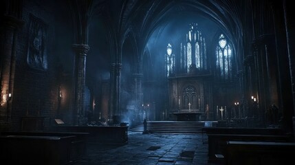 A mysterious dark gothic hall shrouded in shadows.