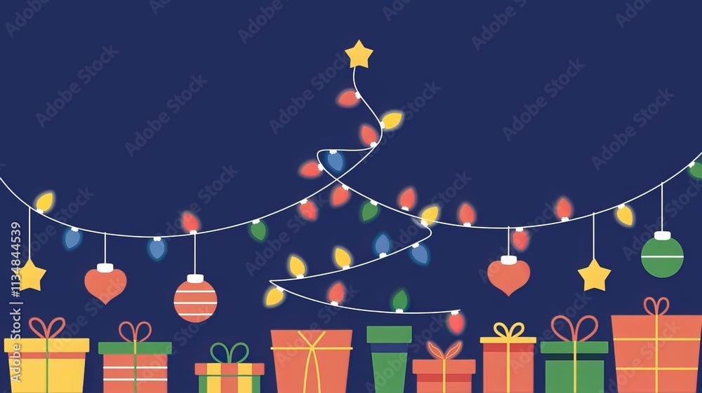 Fototapete christmas lights on a string with a christmas tree and a blue background using ai generated