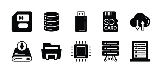 Storage technology icon vector set. Containing memory card, big data server, flash disk, cloud computing, chips, hard disk drive, database folder