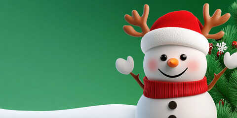 Fototapeta premium 3D Render of a Cute Happy Snowman with a Red Hat and Antlers