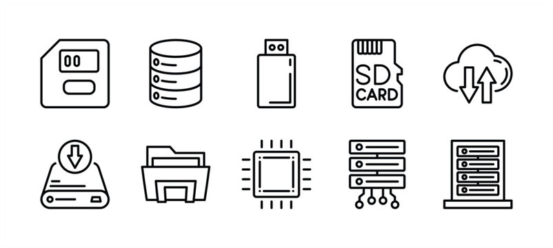 Storage technology thin line icon set. Containing memory card, big data server, flash disk, cloud computing, chips, hard disk drive, database folder. Vector illustration