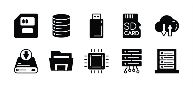 Storage technology icon vector set. Containing memory card, big data server, flash disk, cloud computing, chips, hard disk drive, database folder