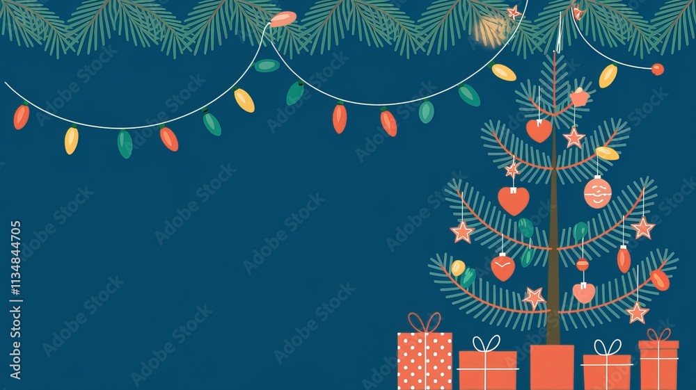 Fototapete christmas lights on a string with a christmas tree and a blue background using ai generated