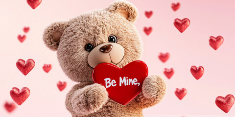 Cute Teddy Bear Holding Heart-Shaped Sign 3D Render