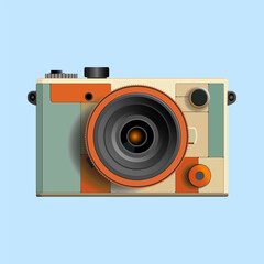Flat vector illustration of a retro-style modern camera with a detailed lens and vibrant geometric design. Perfect for photography, branding, and creative projects.